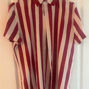 Men’s Striped Short Sleeve Button Down Shirt Large Red White Casual